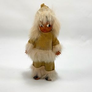 Vtg Small Inuit Plastic Doll Faux Leather White Fur Trim Clothing Standing 6.5"